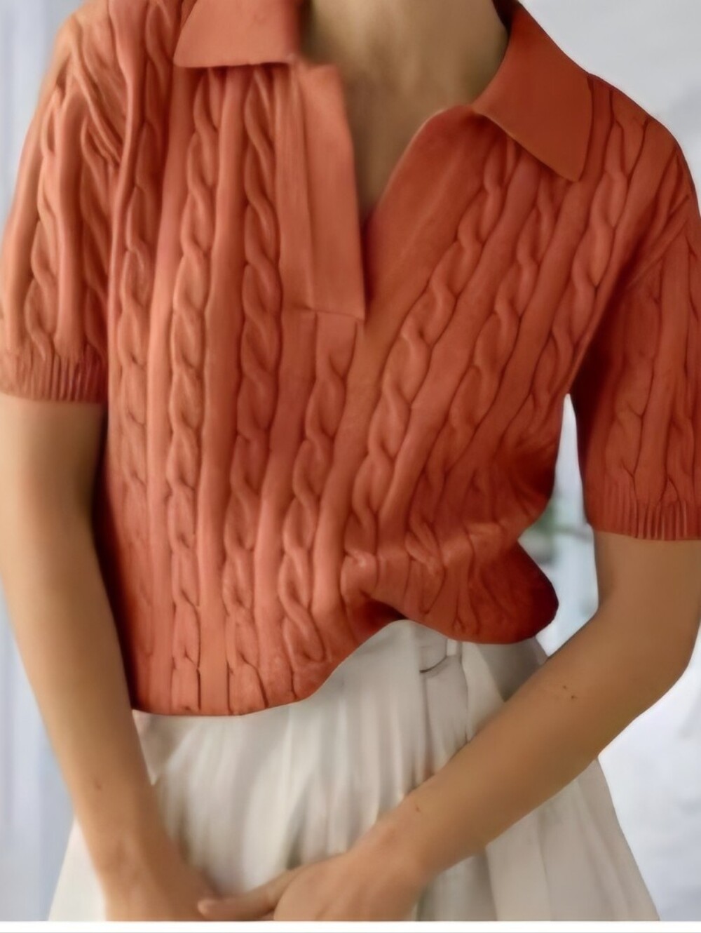 Cable Knit Sweater Short Sleeve Polo Top V Neck Bright Orange Sz L